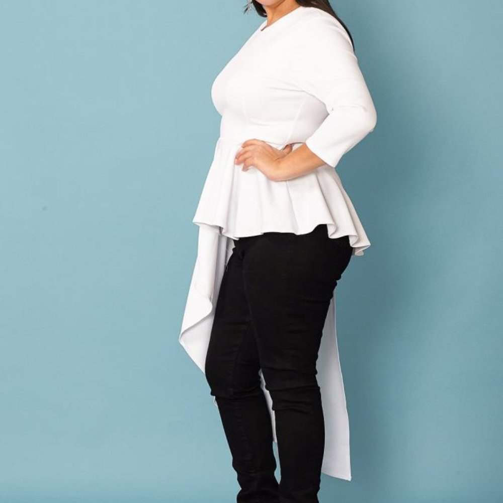 Buxom Curvy Assymetrical  Plus size Peplum White Top